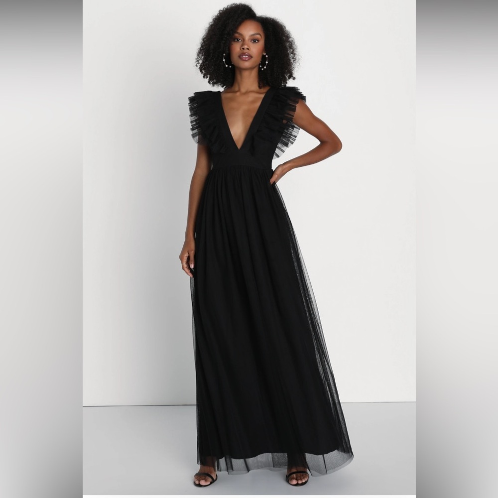 Lulus Simply Delighted Black Mesh Ruffled Backless Maxi Dress